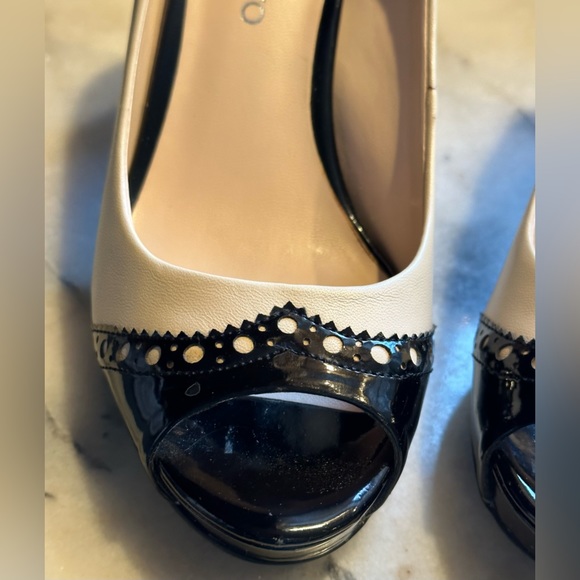 Franco Sarto Black & Cream Peep Toe Cone Thick High Heels SZ 6 Has few f… - Picture 3 of 13